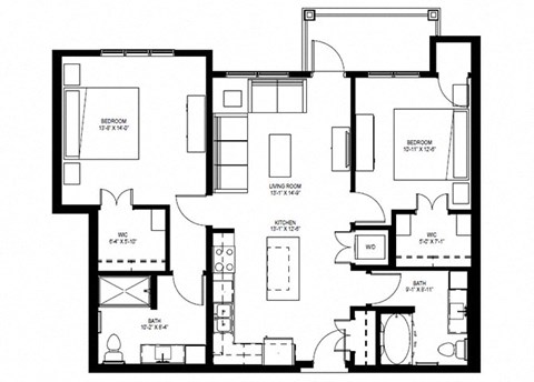 Floor plan for 2 beds, 2 baths, 1114 sqft